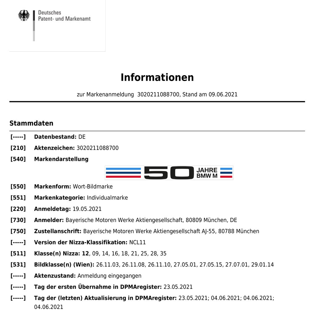 「50 JAHRE BMW M（寶馬M 50周年）」商標(biāo)